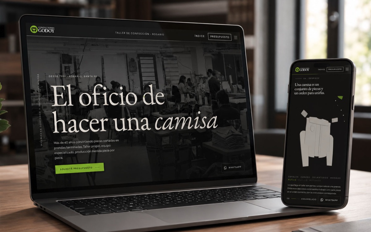 Website de Confecciones Godoy, taller de confección de camisas, en laptop y celular