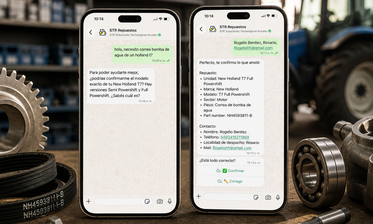 Conversación con un agente de IA por WhatsApp que confirma el pedido de un repuesto
