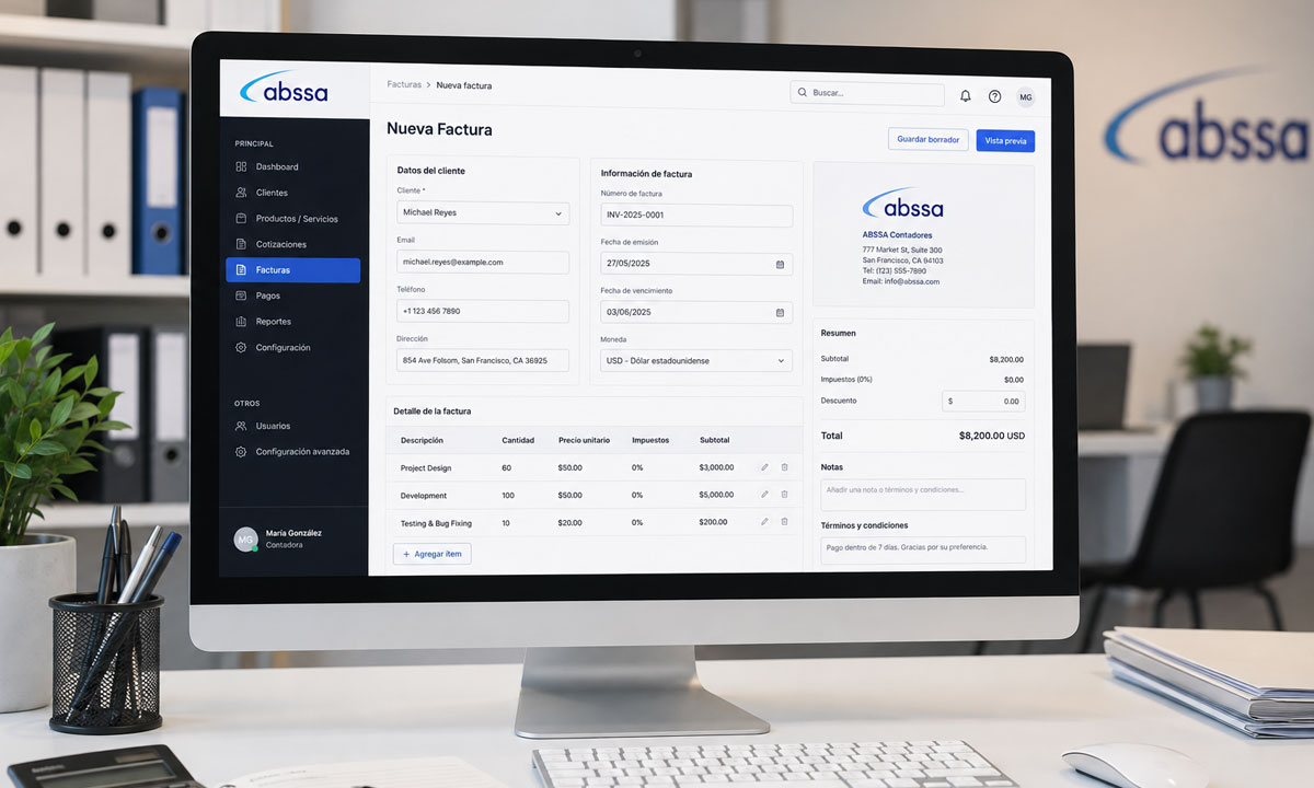 Sistema de facturación de ABSSA Contadores: formulario de nueva factura con datos del cliente, ítems y vista previa