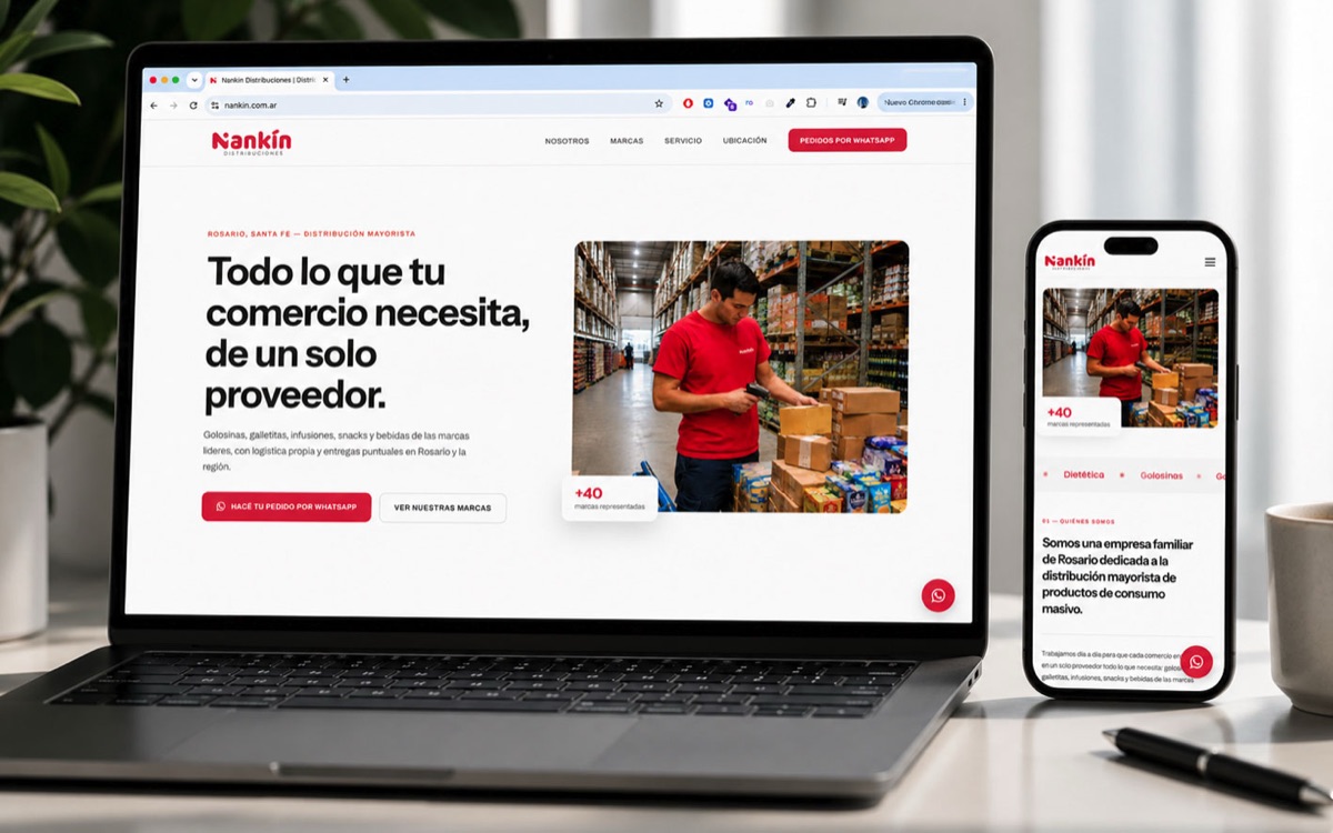 Website de Nankin, distribuidor mayorista de alimentos, en laptop y celular