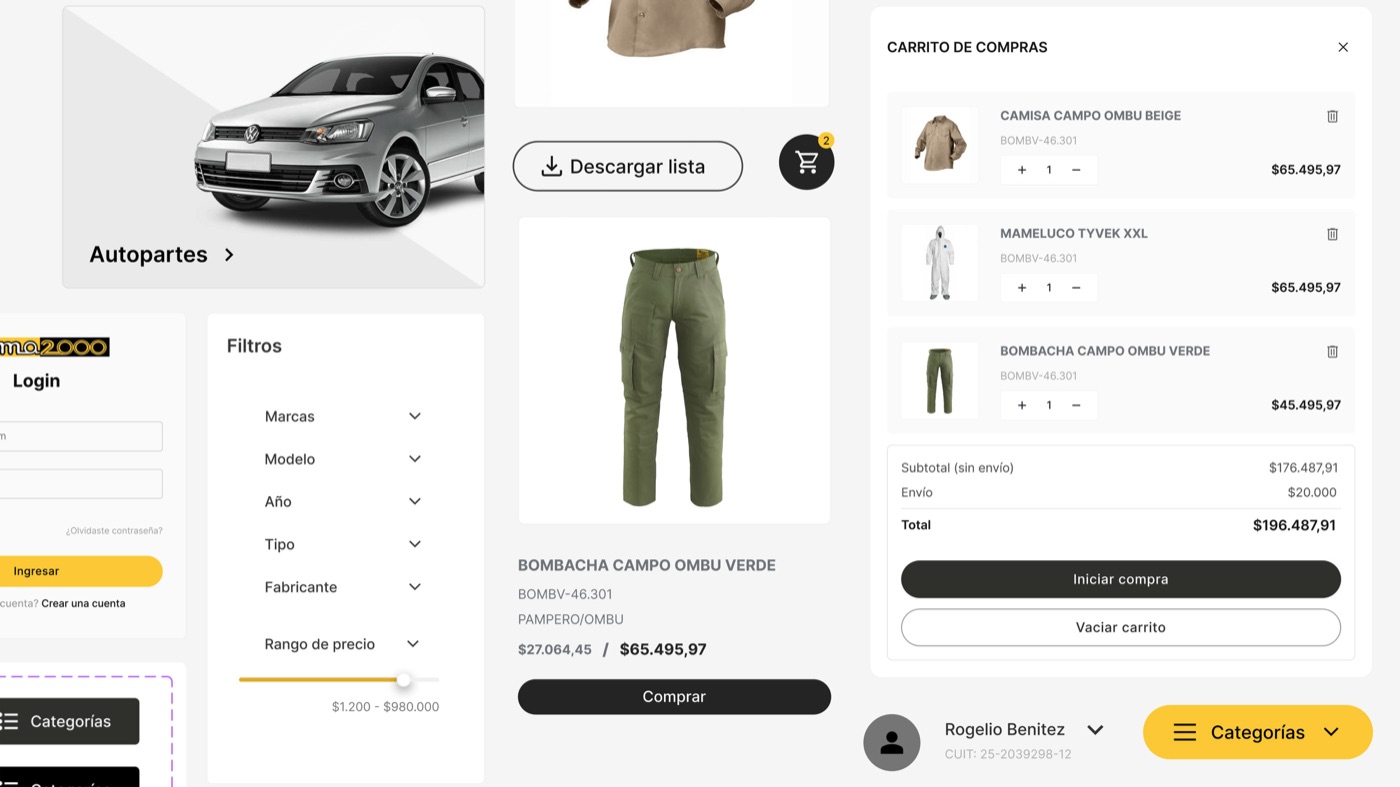 Sistema de componentes del ecommerce de Goma2000: filtros, ficha de producto y carrito